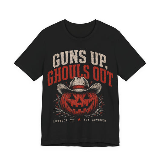 Black graphic tee with cowboy-hat skull and “Guns Up, Ghouls Out” front print