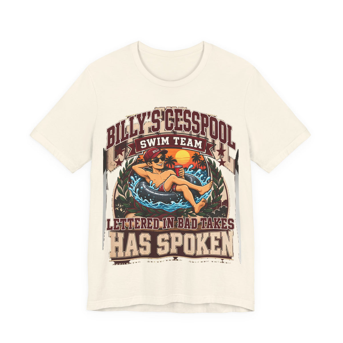 Billy's Cesspool swim team graphic T-shirt, natural tee with front swimmer print