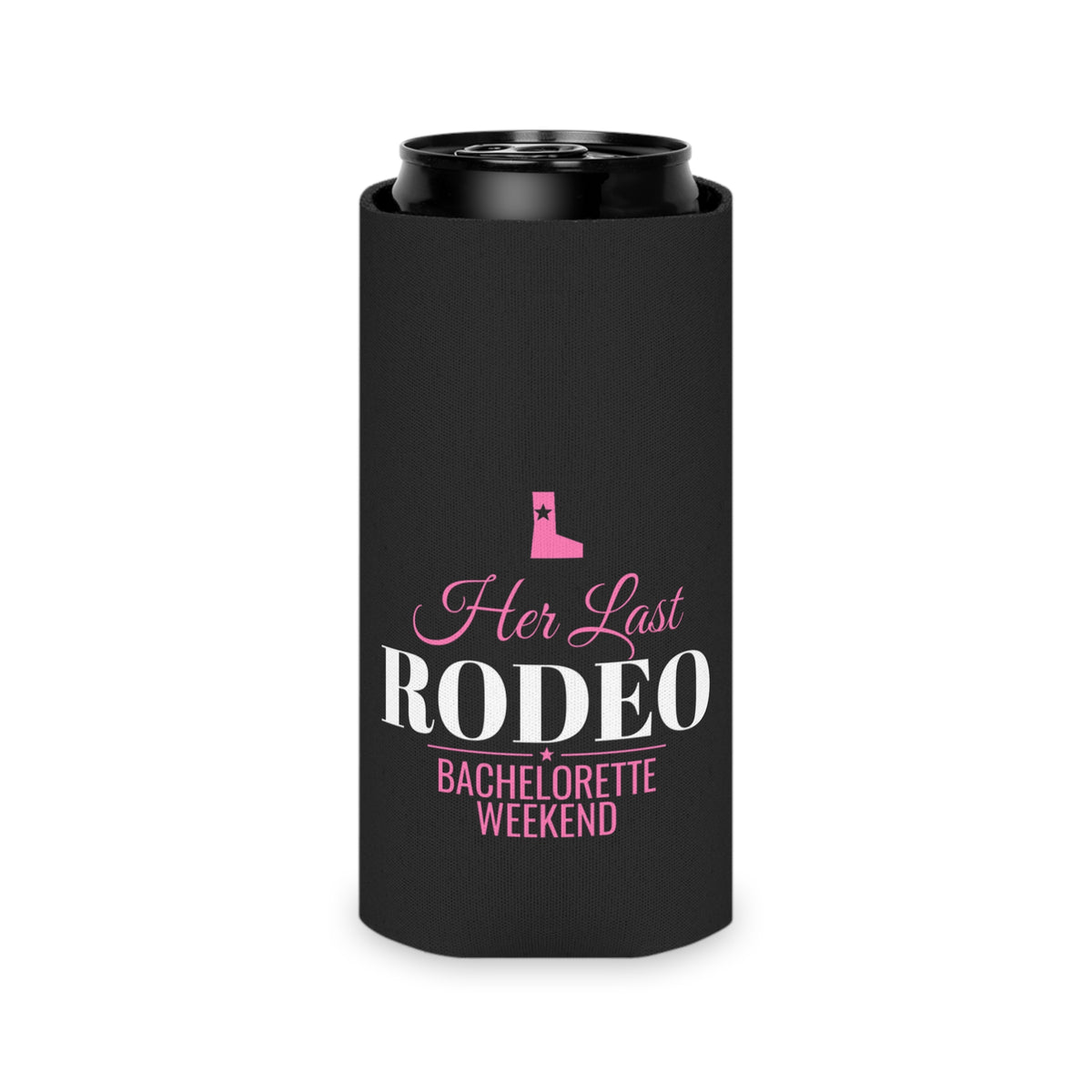 Black can cooler with folded top; 'Her Last RODEO' bachelorette weekend logo