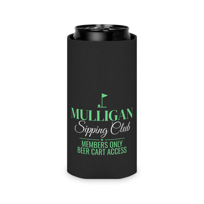 Black can holder koozie with green Mulligan Sipping Club text on front.