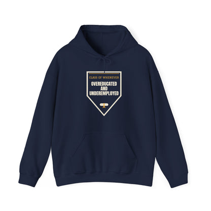 Navy pullover hoodie with front pocket, drawstring hood, and graduation-style graphic