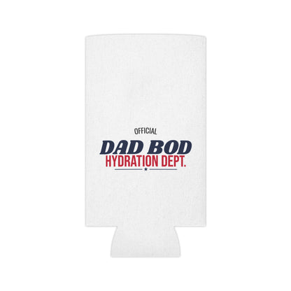 White can cooler koozie with centered 'Official Dad Bod Hydration Dept.' logo