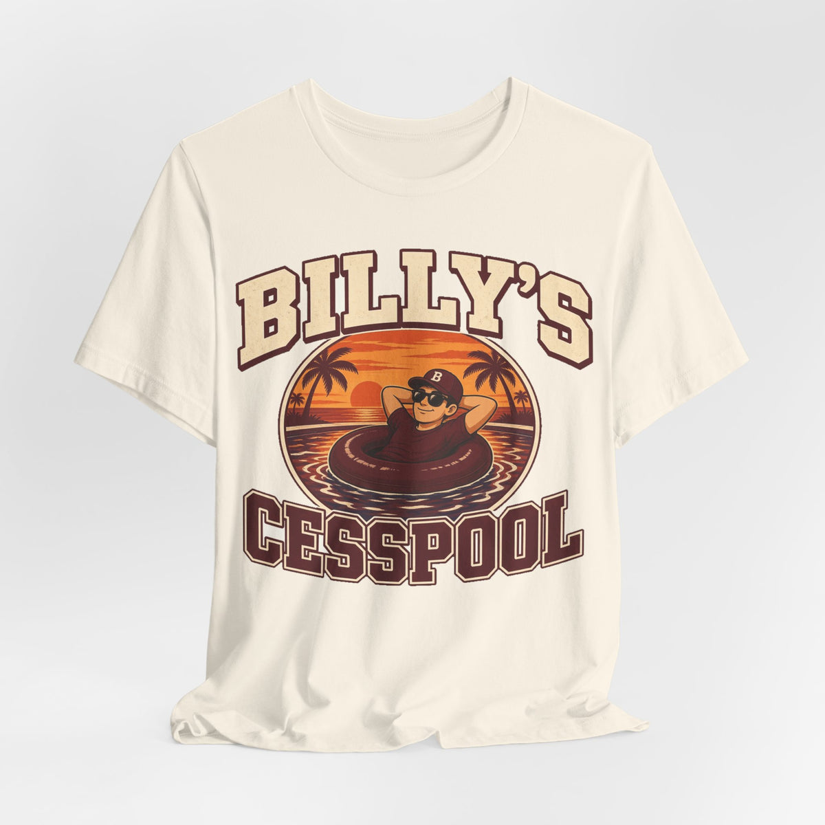 Natural crewneck graphic tee with large 'BILLY'S CESSPOOL' logo-style artwork