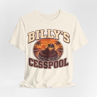 Natural crewneck graphic tee with large 'BILLY'S CESSPOOL' logo-style artwork