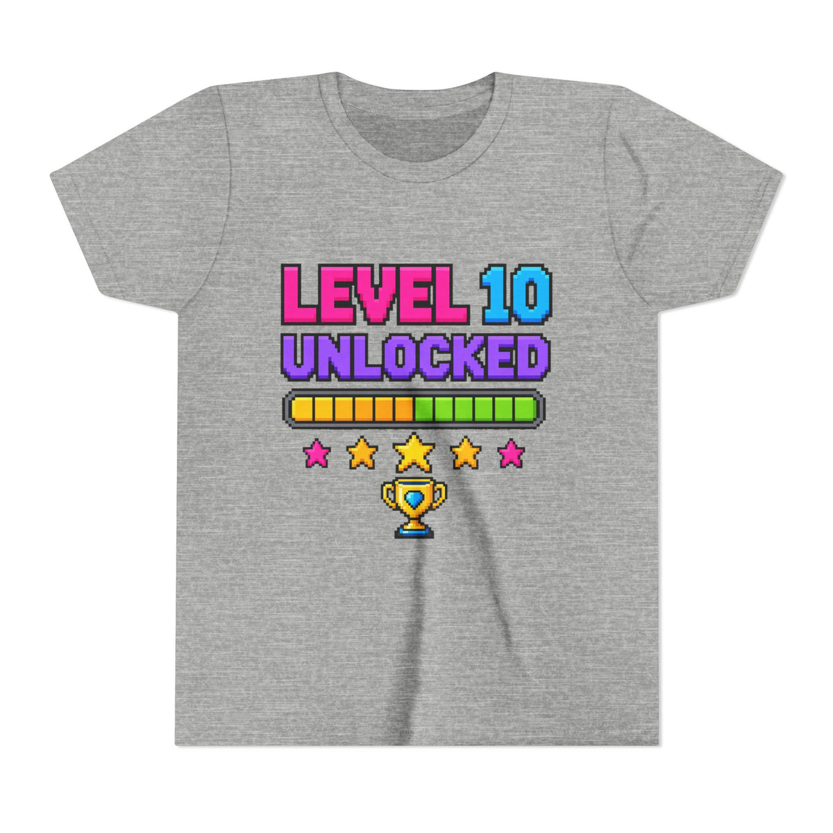 Heather gray kids crewneck tee with “LEVEL 10 UNLOCKED” text and trophy icon
