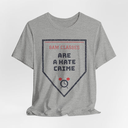 Heather gray short-sleeve crewneck T-shirt with “ARE A HATE CRIME” graphic