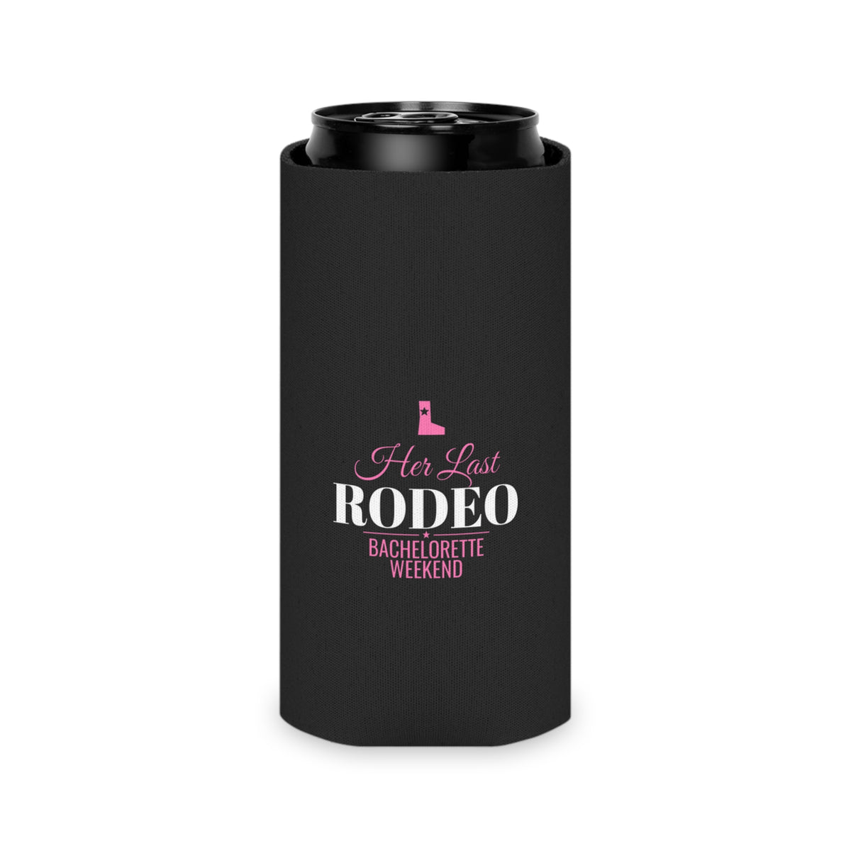 Black can cooler with 'Her Last RODEO' bachelorette weekend graphic and pink boot