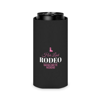Black can cooler with 'Her Last RODEO' bachelorette weekend graphic and pink boot