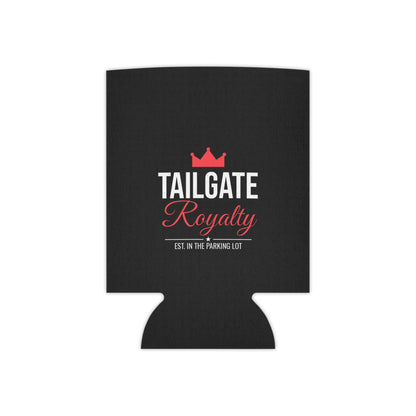 Black can cooler koozie with Tailgate Royalty logo, red crown and script