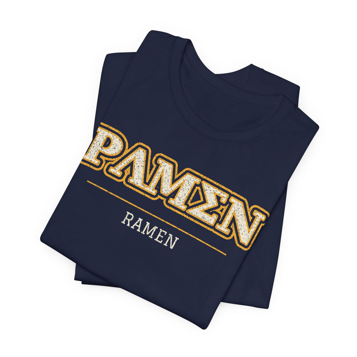 Navy T-shirt with gold PAMEN logo and RAMEN text graphic