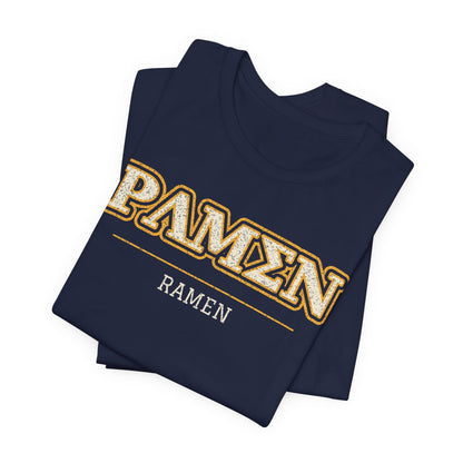 Navy T-shirt with gold PAMEN logo and RAMEN text graphic