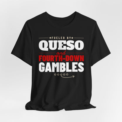 Black graphic T-shirt with “Fueled by Queso” and “Fourth-Down Gambles” football print