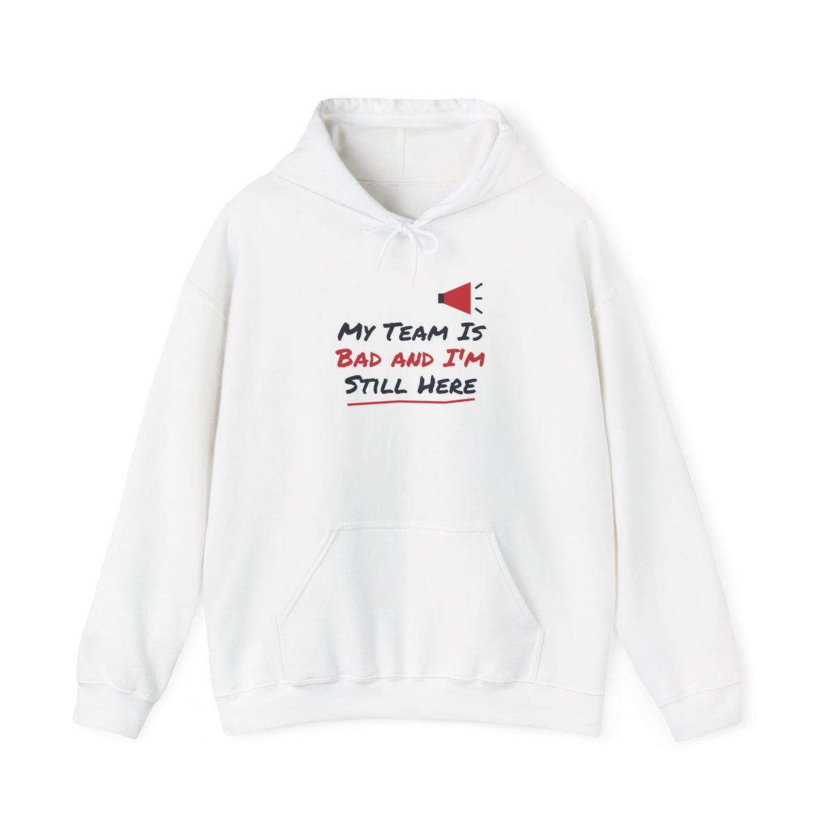 White college hoodie with front pocket and chest slogan graphic