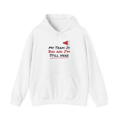 White college hoodie with front pocket and chest slogan graphic