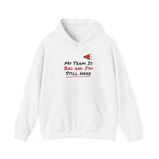White college hoodie with front pocket and chest slogan graphic