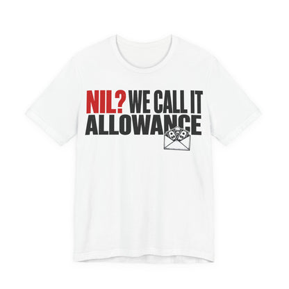 White crewneck short-sleeve graphic tee with NIL Allowance text and envelope icon