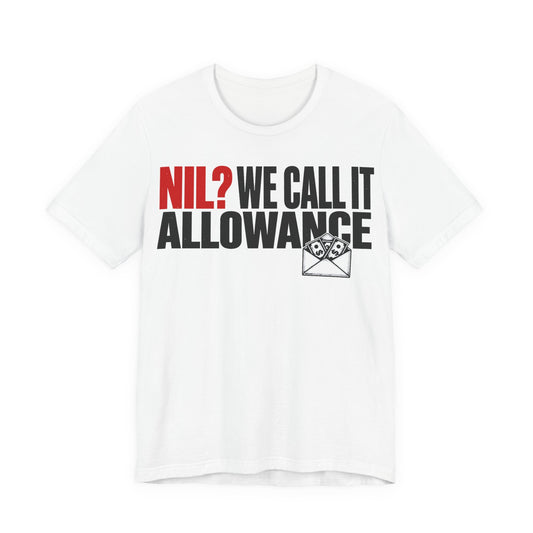 White crewneck short-sleeve graphic tee with NIL Allowance text and envelope icon