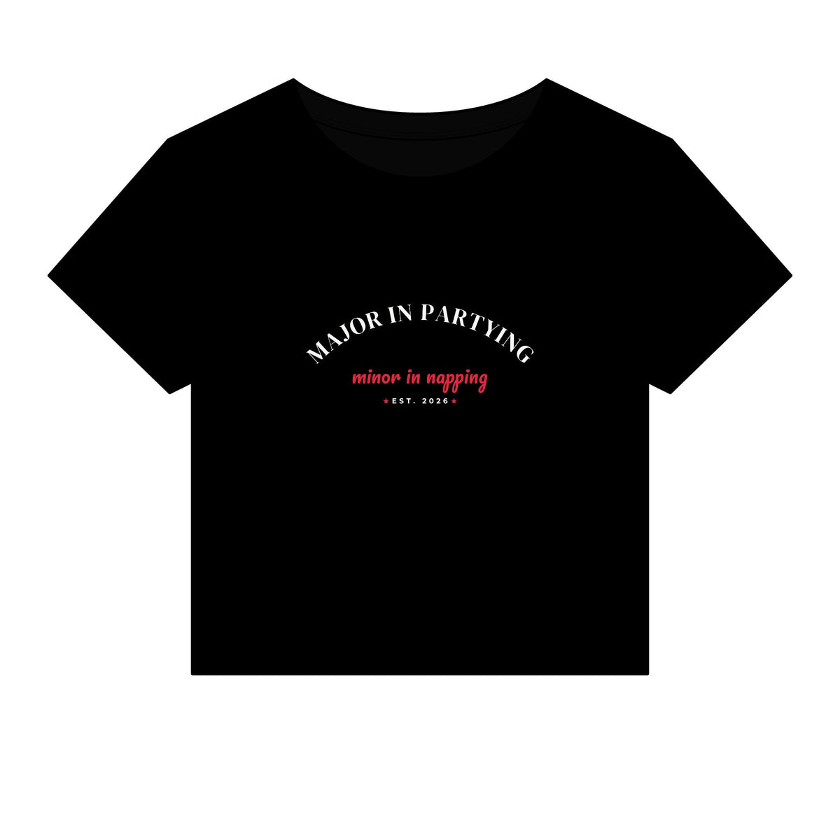 Black cropped T-shirt with crew neck and 'Major in Partying' graphic front