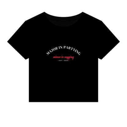 Black cropped T-shirt with crew neck and 'Major in Partying' graphic front