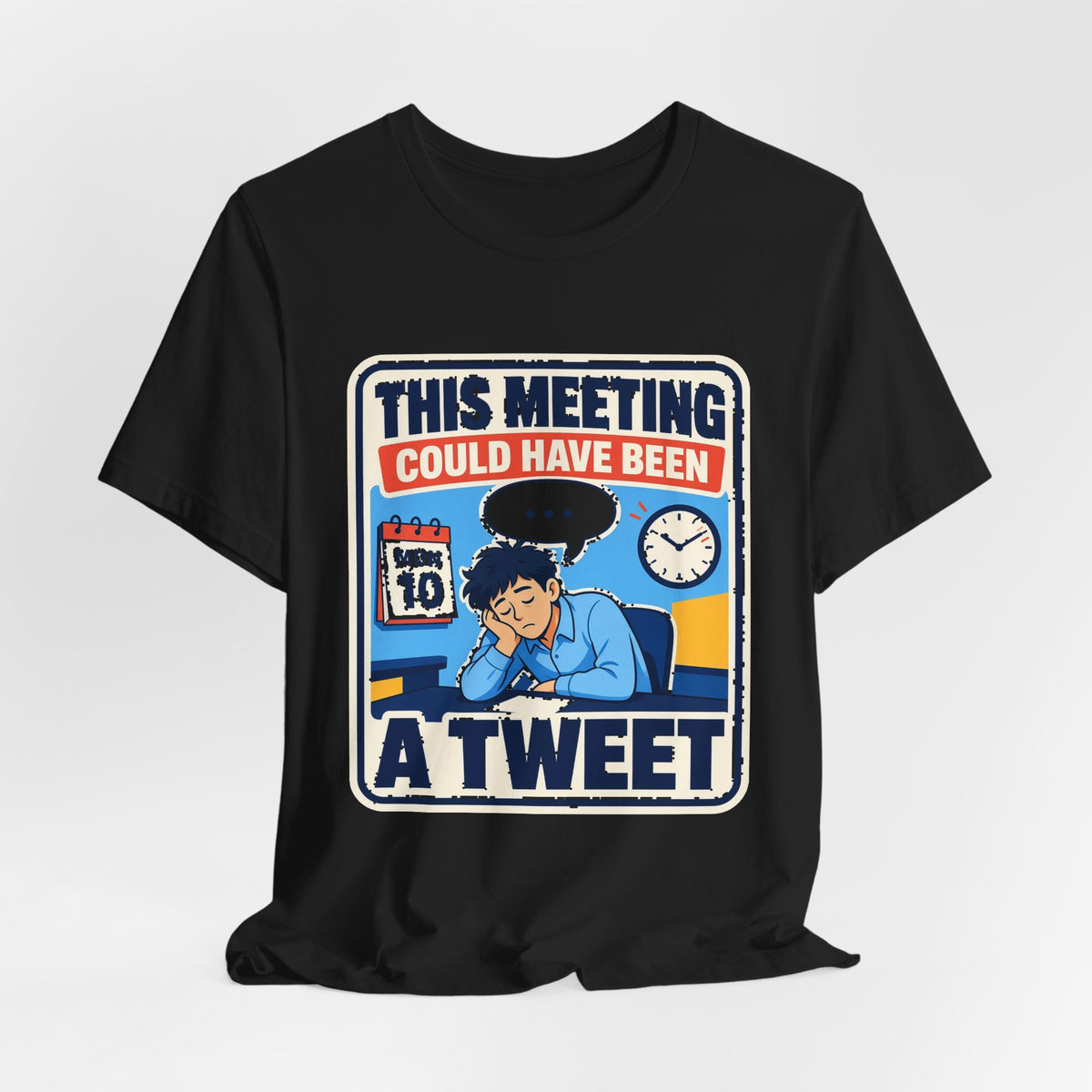 Black crewneck graphic T-shirt with cartoon character and “THIS MEETING…A TWEET” print