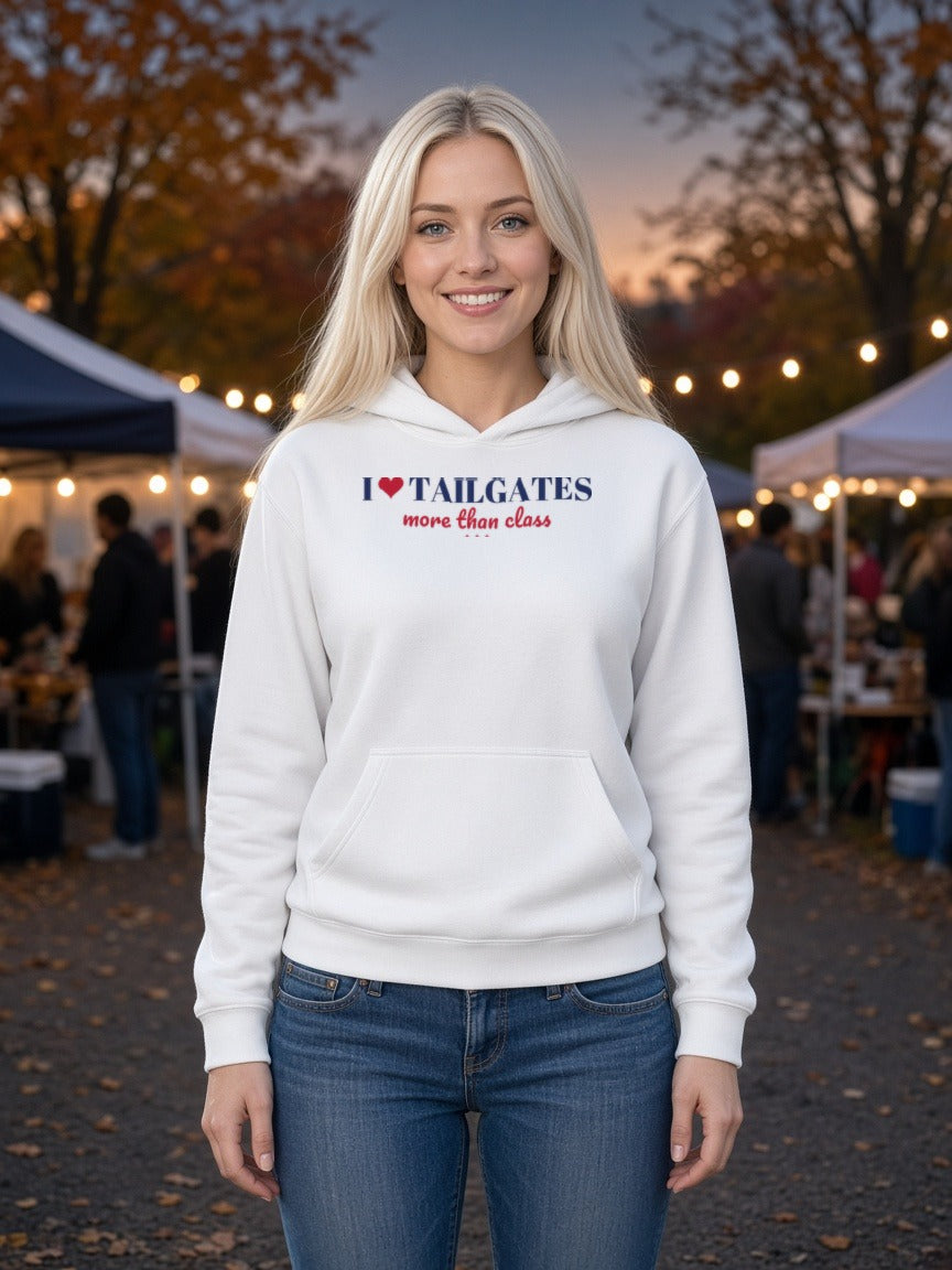 White women's pullover hoodie with front pocket, drawstring hood, and chest logo