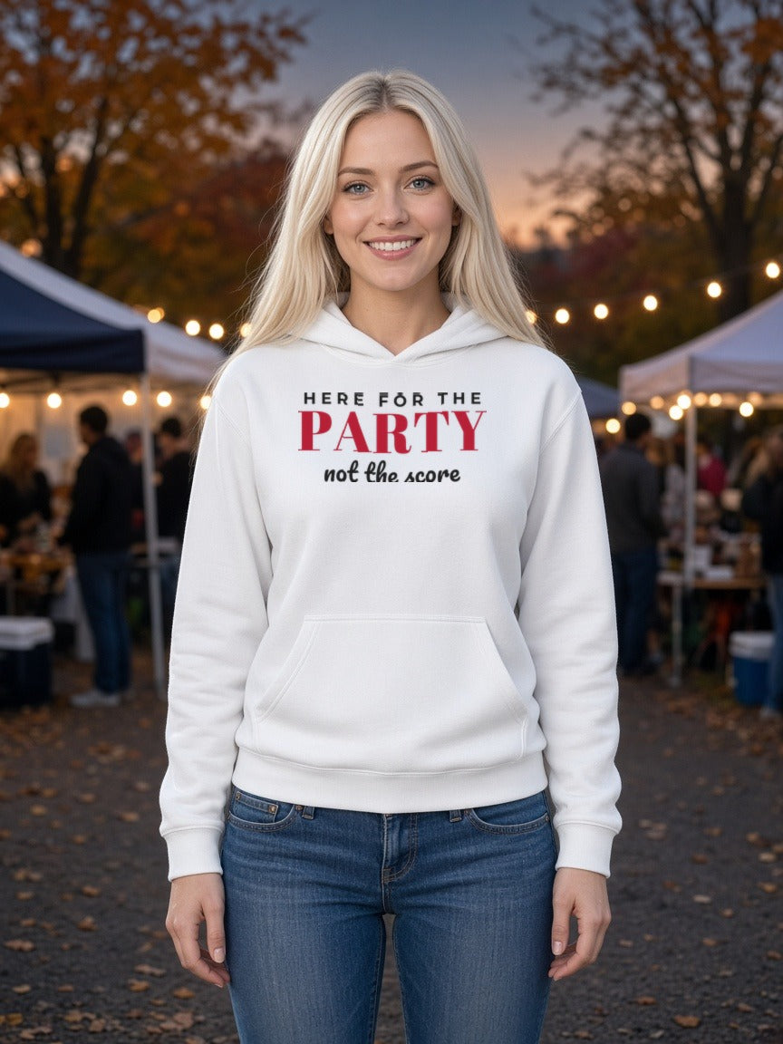 White women's pullover hoodie on model, front graphic and kangaroo pocket