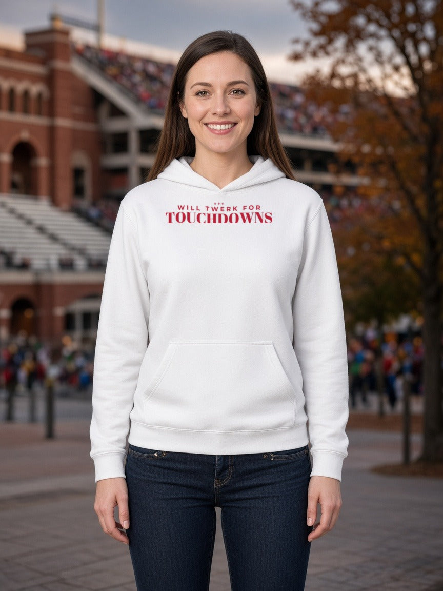 Women's white hoodie on model with red "Touchdowns" slogan and kangaroo pocket