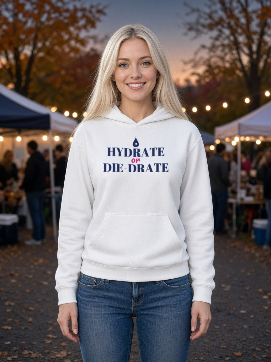 White women's hoodie with front pouch and blue slogan graphic, hood down