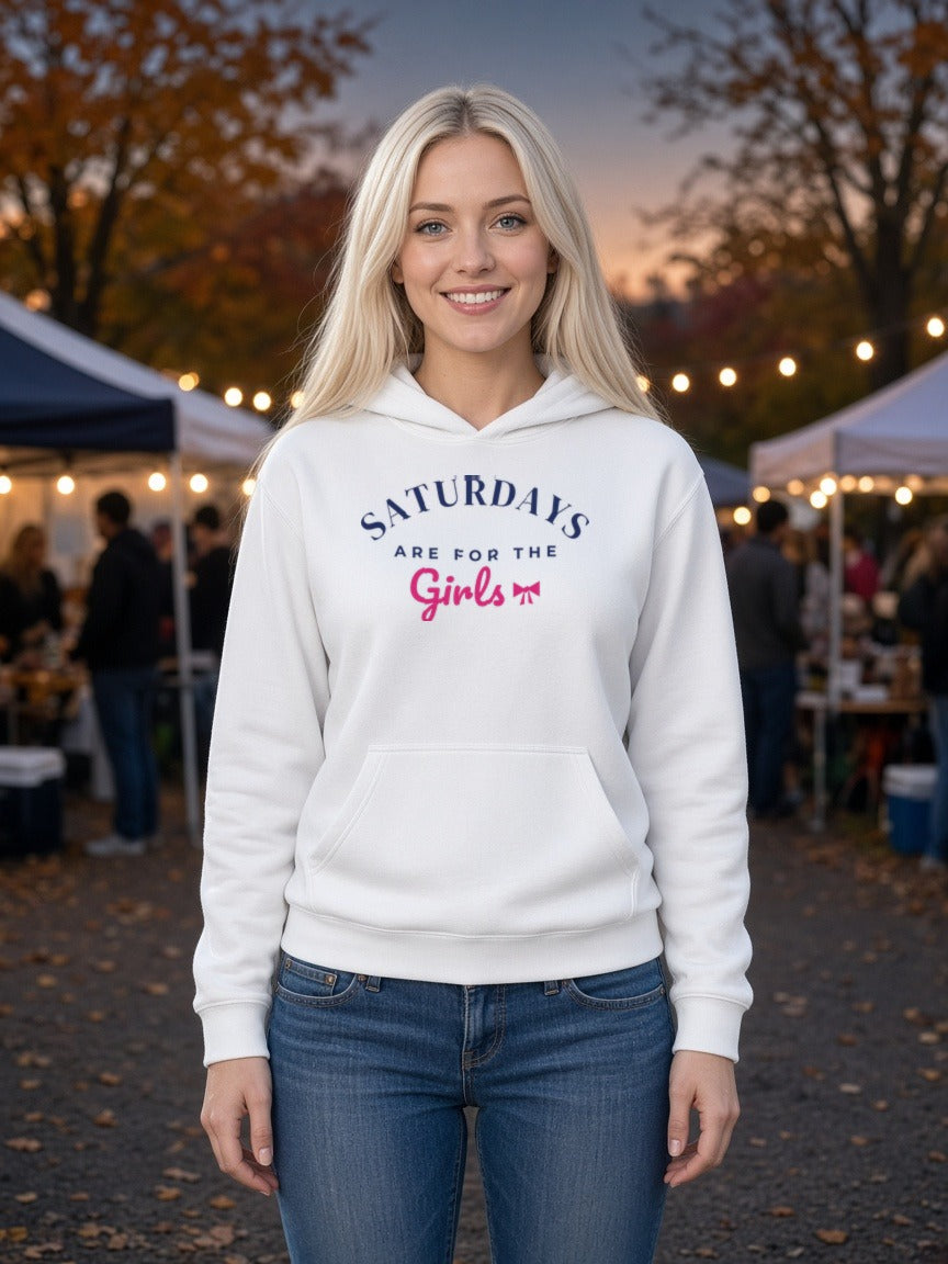 White women's hoodie worn with front graphic and drawstring hood