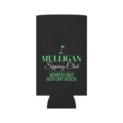Black can cooler koozie with centered green logo and text on front.