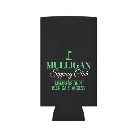 Black can cooler koozie with centered green logo and text on front.