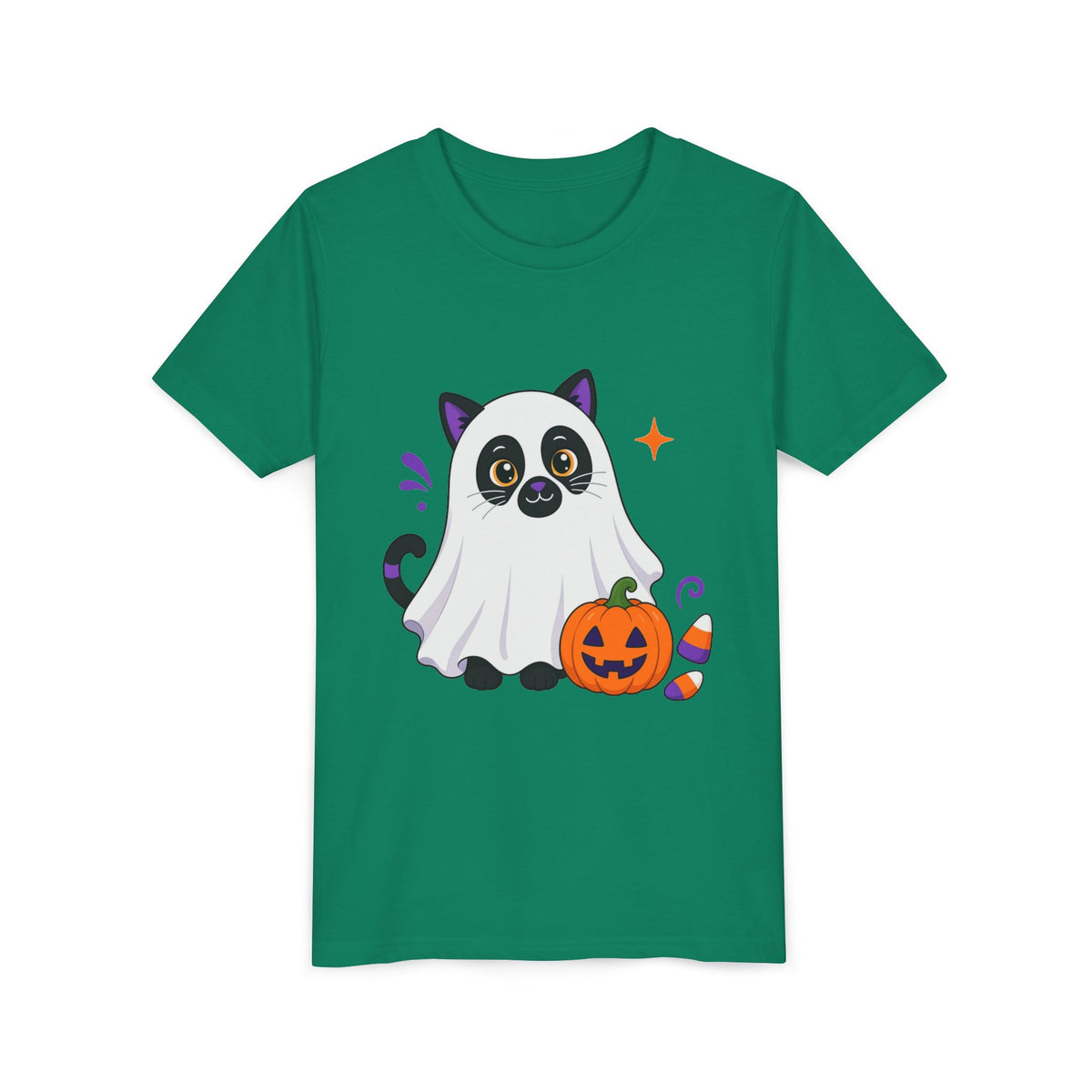 Kids green Halloween graphic tee with ghost cat and jack-o'-lantern pumpkin