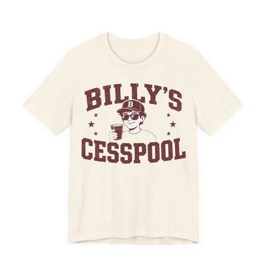 Cream crewneck T-shirt with 'BILLY'S CESSPOOL' graphic and cartoon holding cup