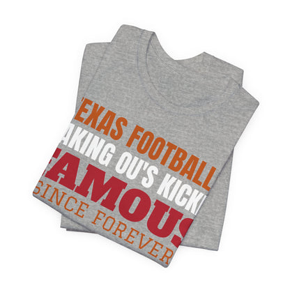 Athletic heather gray tee with Texas Football 'FAMOUS' text and football icon