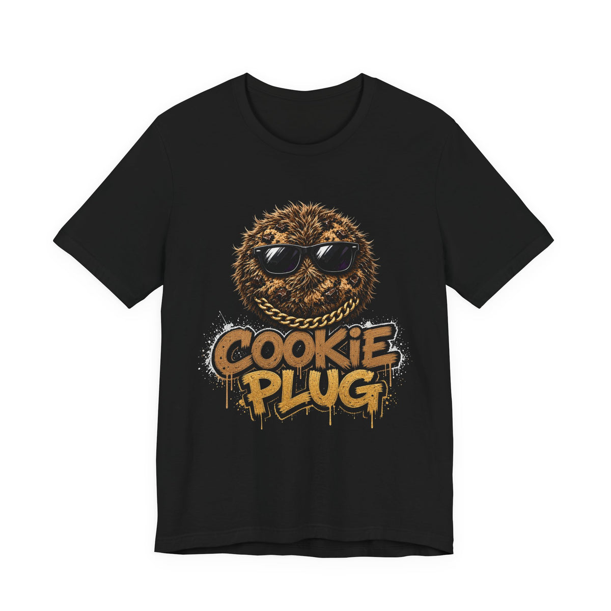 Black crewneck T-shirt with front graphic of cookie face wearing sunglasses and gold chain
