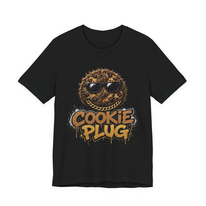 Black crewneck T-shirt with front graphic of cookie face wearing sunglasses and gold chain