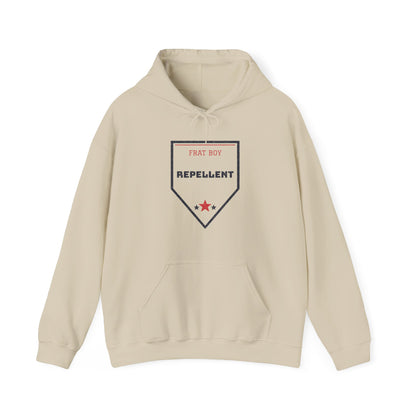 Light beige pullover hoodie with hood and front graphic badge, kangaroo pocket