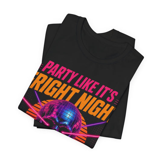 Black folded T-shirt with neon skull graphic and 'Party Like It's' text
