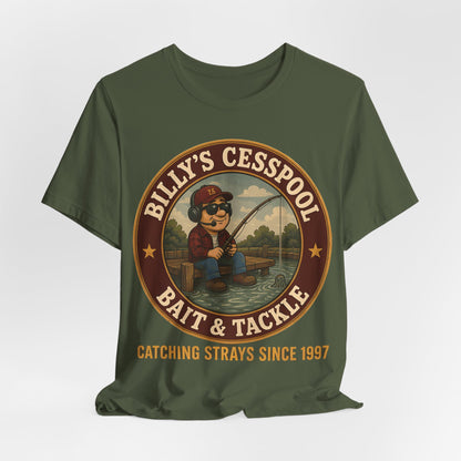 Military green crewneck tee with circular bait & tackle graphic and “Catching Strays Since 1997”