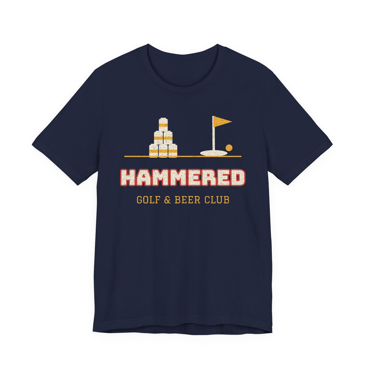 Navy crewneck T-shirt with 'HAMMERED' golf & beer club graphic
