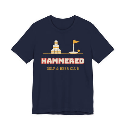 Navy crewneck T-shirt with 'HAMMERED' golf & beer club graphic