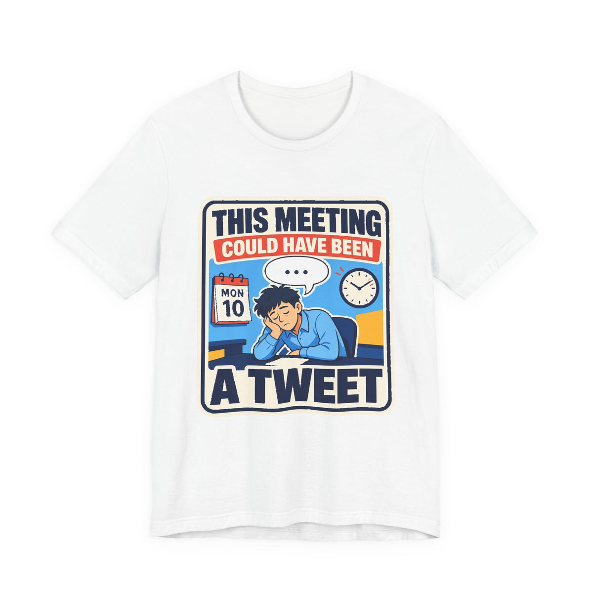 White crewneck graphic T-shirt with cartoon meeting character and “A TWEET” print