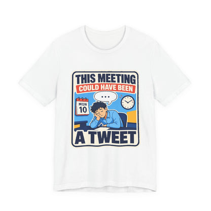 White crewneck graphic T-shirt with cartoon meeting character and “A TWEET” print