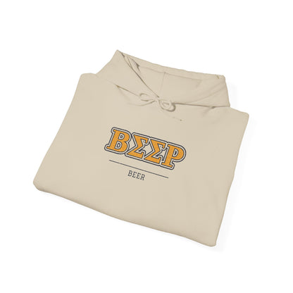 Beige pullover hoodie with front logo print, drawstring hood, and long sleeves