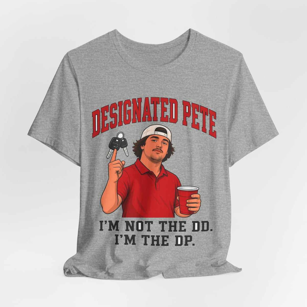Athletic heather gray crew-neck graphic T-shirt with red character and text print