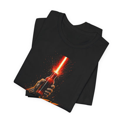 Black crewneck tee with close-up fiery lightsaber hand graphic on the front