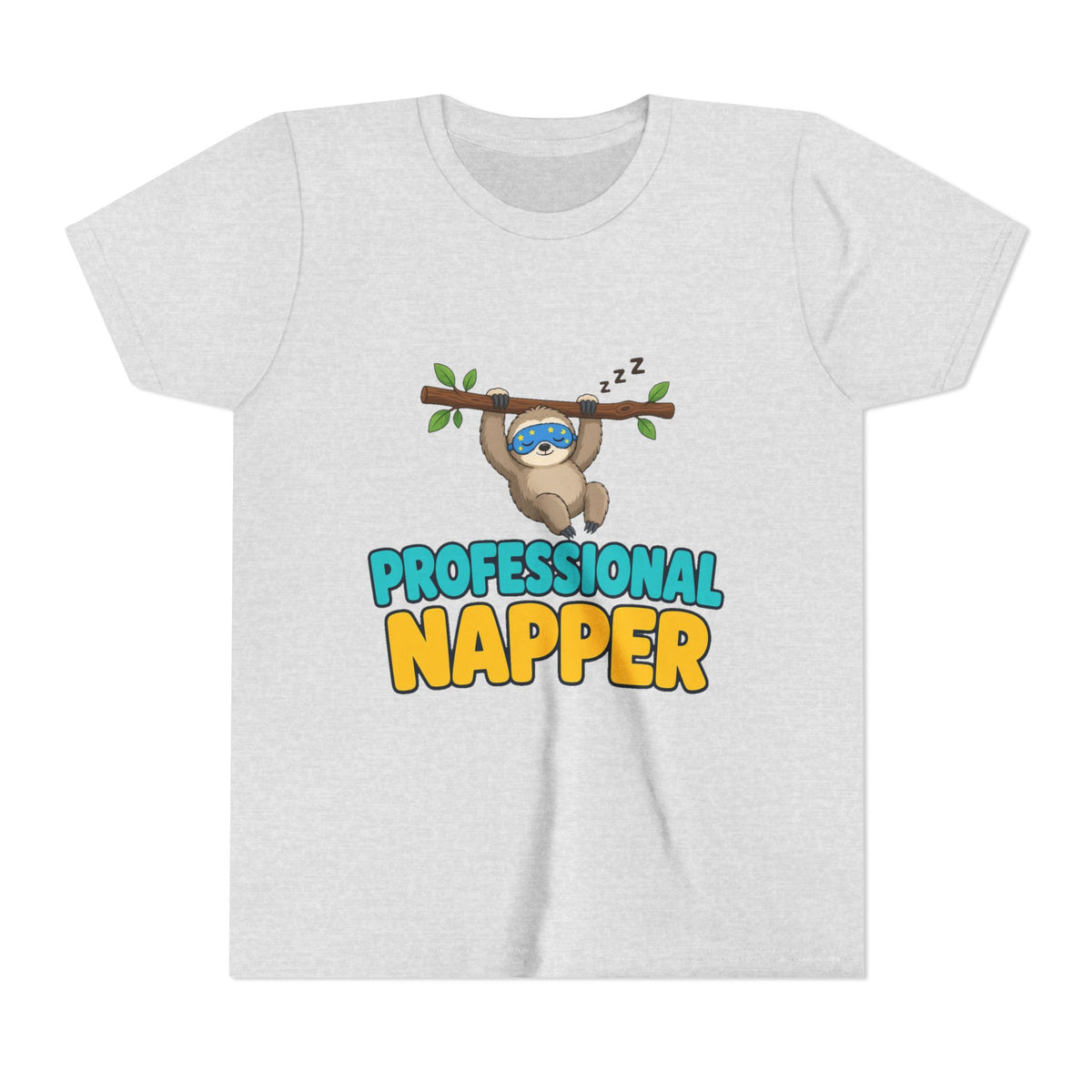 Kids heather gray crew-neck tee with sloth under "PROFESSIONAL NAPPER" front graphic