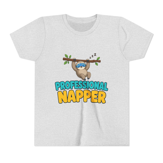 Kids heather gray crew-neck tee with sloth under "PROFESSIONAL NAPPER" front graphic