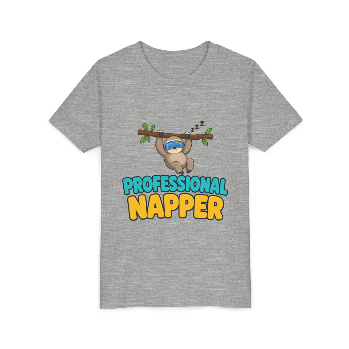 Kids heather gray crewneck t-shirt with sloth graphic and "PROFESSIONAL NAPPER" text