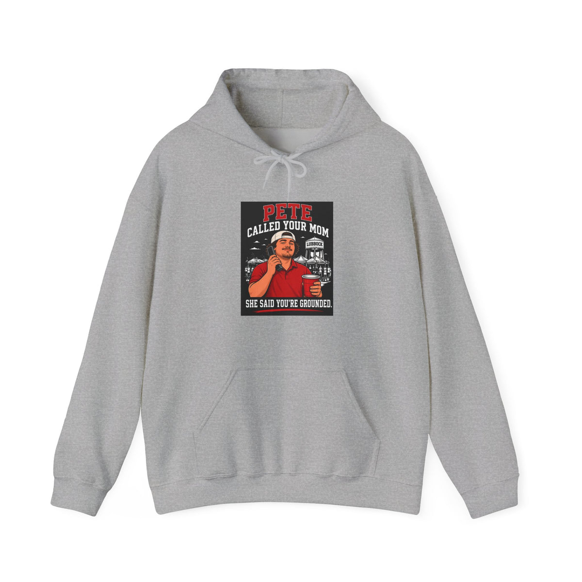 Sport grey pullover hoodie with front graphic print and drawstring hood